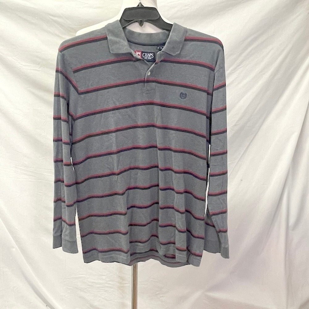 Chaps Mens Long Sleeve Striped Polo Shirt Grey Navy Burgundy‎ L